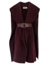 Elisabetta Franchi Structured Bordeaux Coat With Textured Belt In Brown