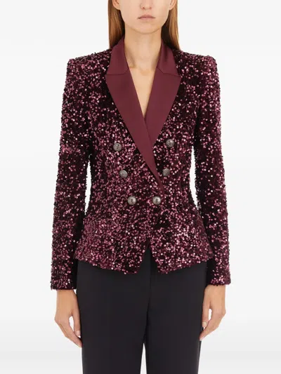 Elisabetta Franchi Double-breasted Blazer With Satin Lapel And Sequins In Red