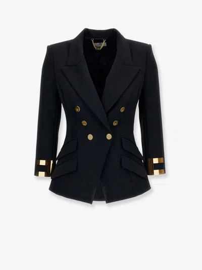 ELISABETTA FRANCHI DOUBLE-BREASTED BLAZER WITH MONOGRAM GOLD METAL DETAILS