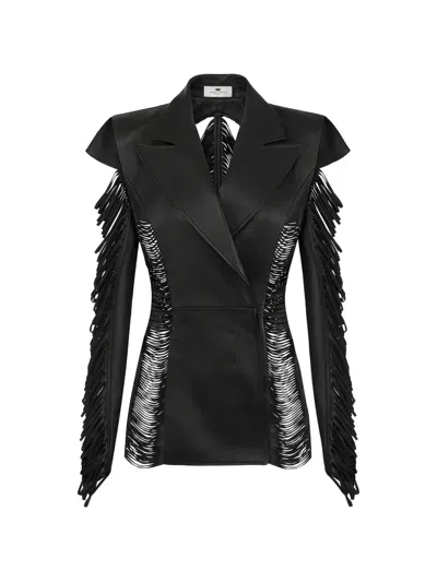 Elisabetta Franchi Double-breasted Fringed Leather Jacket In Black