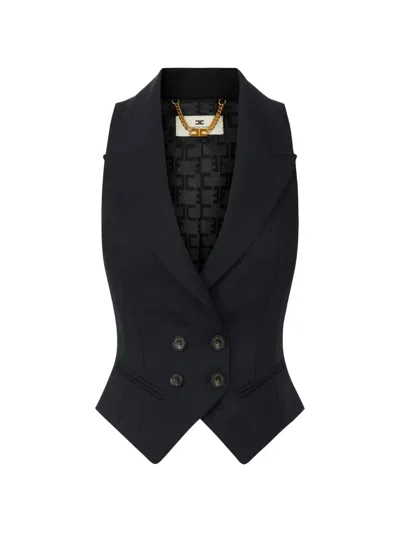 Elisabetta Franchi Double-breasted Lettering-print Waistcoat In Black