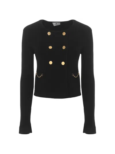 Elisabetta Franchi Double-breasted Cropped Viscose Cardigan With Gold-tone Buttons In Black