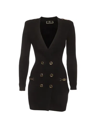 Pre-owned Elisabetta Franchi Double-breasted Rib-knit Mini Dress In Black