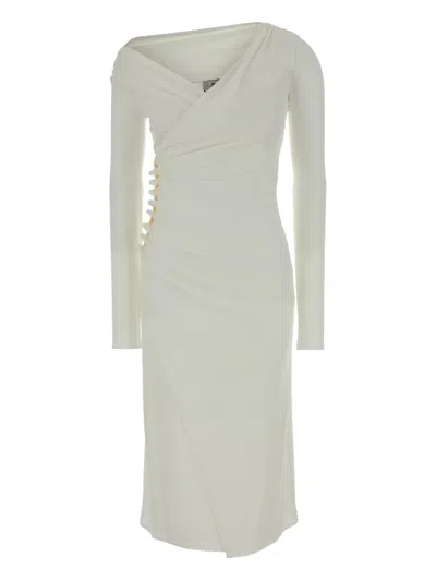 Elisabetta Franchi Midi Scoop-neck Gown With Elegant Draping In White