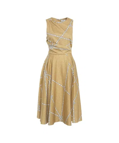 Elisabetta Franchi Draped Calf-length Midi Dress With All-over Print In イエロー