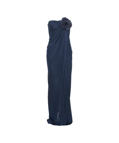 Elisabetta Franchi Draped Evening Dress With 3d Flower Detail In Blue