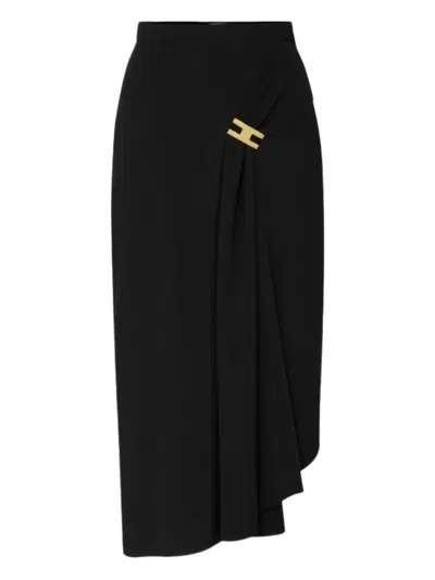 Elisabetta Franchi Draped Gold-buckle Midi Skirt In Black