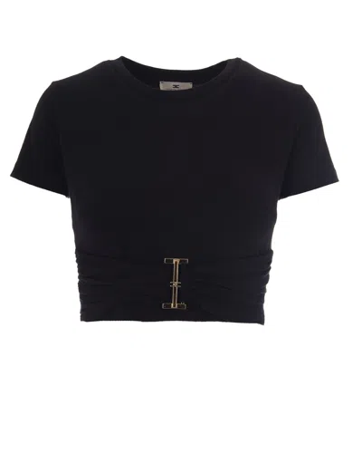 Elisabetta Franchi Draped Jersey T-shirt With Metallic Logo Ring In Black
