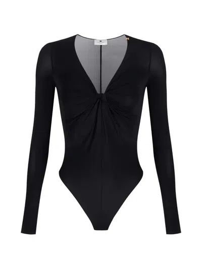 Elisabetta Franchi Draped Long-sleeves Bodysuit In Black