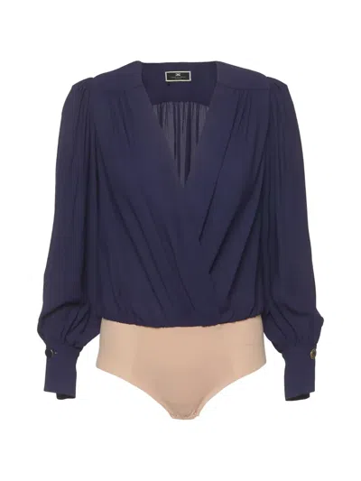 Pre-owned Elisabetta Franchi Draped Long-sleeve Bodysuit In Blue