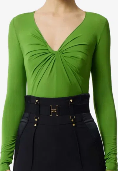 Elisabetta Franchi Draped Long-sleeved Bodysuit In Green