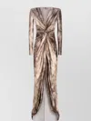 Elisabetta Franchi Draped Metallic Knee Length Dress With Sleeves In Multi