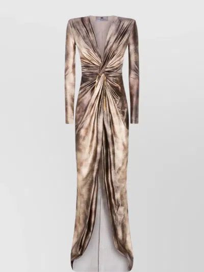 ELISABETTA FRANCHI DRAPED METALLIC KNEE LENGTH DRESS WITH SLEEVES