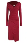Elisabetta Franchi Draped Midi Dress With Jeweled Buttons In Red