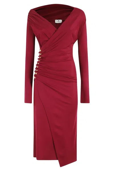 ELISABETTA FRANCHI DRAPED MIDI DRESS WITH JEWELED BUTTONS