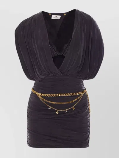 Elisabetta Franchi Draped Neckline Gold Chain Belt Dress In Blue