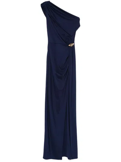 Elisabetta Franchi Draped One-shoulder Dress With Side Slit In Blue