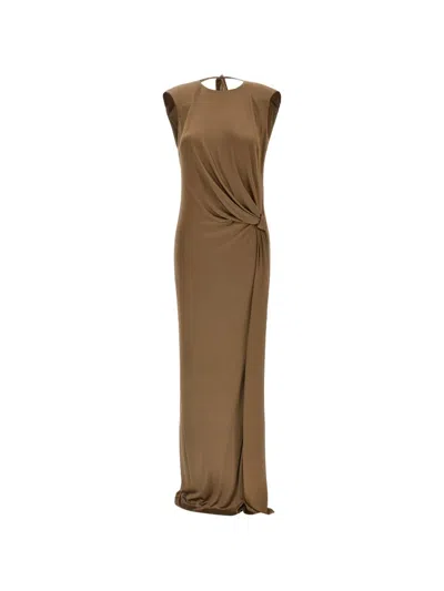Elisabetta Franchi Red Carpet Shiny Viscose Jersey Long Dress With Side Slit Clothing In Brown