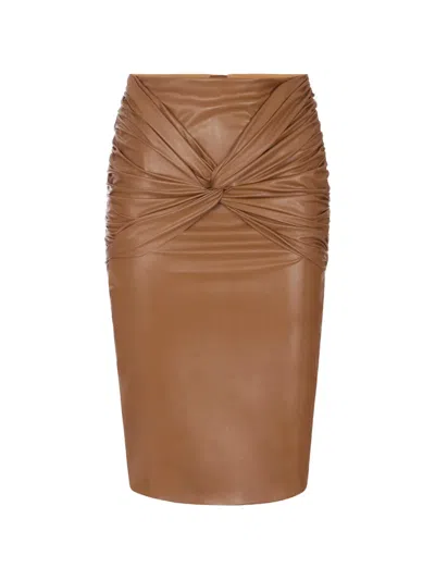 Elisabetta Franchi Ruched Pencil Skirt In Faux Leather In Brown