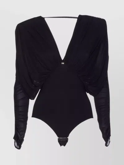 Elisabetta Franchi Draped V Neck Sheer Fabric Top In Blue
