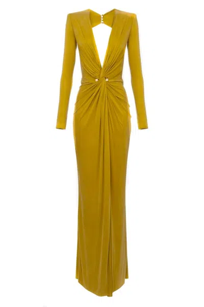 Elisabetta Franchi Draped Yellow Evening Dress With Deep V-neckline