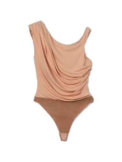 Elisabetta Franchi Draped-detail Asymmetric Bodysuit In Brown