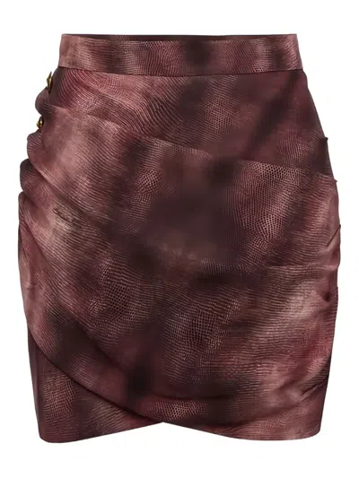Elisabetta Franchi Draping Jewel Python-print Buttons Skirt In Burgundy