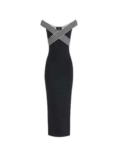 Elisabetta Franchi Knit Long Dress With Striped Bands Clothing In Black