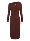 Elisabetta Franchi Brown Draped Midi Dress With Asymmetric Neckline In Viscose Stretch Woman In Animal Print