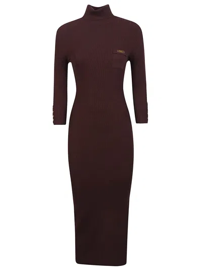 Elisabetta Franchi Turtleneck Ribbed Dress In Burgundy