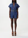 Elisabetta Franchi Mc Short Denim Monkey With Belt Detail In Blue