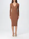 Elisabetta Franchi Ribbed Gold-tone Button Midi Dress In Brown