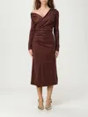 Elisabetta Franchi Brown Draped Midi Dress With Asymmetric Neckline In Viscose Stretch Woman In Brown