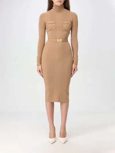 Elisabetta Franchi Logo-embroidered Midi Dress In Camel