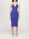 Elisabetta Franchi Indigo Blue Knitted Midi Dress With Rhinestones In Indigo