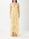 Elisabetta Franchi Lace And Ruffles Long Sleeve Dress In Lemon