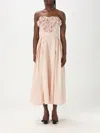 Elisabetta Franchi Dress In Gabardine Fabric With Embroidered Roses In Natural