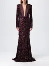 Elisabetta Franchi Sequins V-neck Floor-length Dress With Long Sleeves In Burgundy