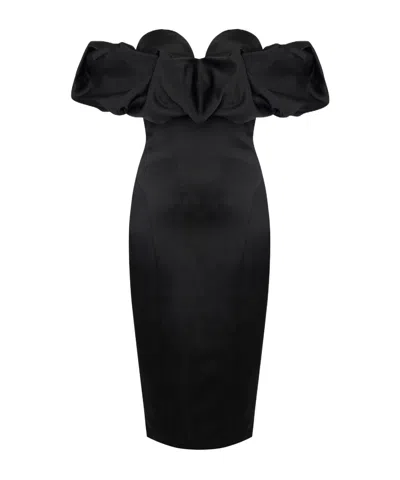 Elisabetta Franchi Dress In Duchess Satin With 3d Neckline In Black