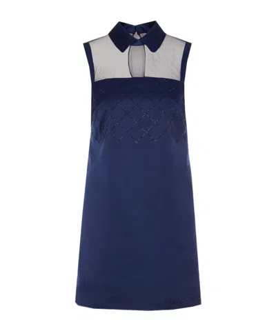 Elisabetta Franchi Rhinestones Satin Mini Dress In Blue
