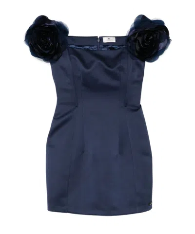 Elisabetta Franchi Dress In Duchesse Satin With Applied Flowers In Blue