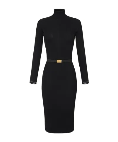 Elisabetta Franchi Dress In Ribbed Knit Fabric With Belt In Black