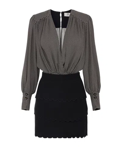Elisabetta Franchi Dress In Viscose Fabric With Polka Dot Print And Embroidered Scallop In Black
