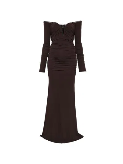 Elisabetta Franchi Dress With Ruffles And Exposed Shoulders In Brown