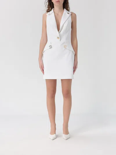 Elisabetta Franchi Sleeveless V Neck Dress Structured Shoulders Buttons In White