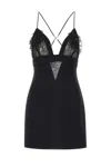 Elisabetta Franchi Plunging Neckline Mini Dress With Lace Detailing And Floral Embellishments In Black