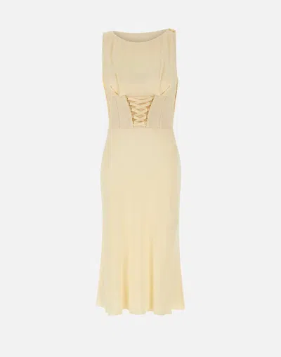 Elisabetta Franchi Boat Neckline Bustier Corset Midi Dress In Neutral