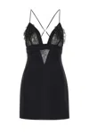 Elisabetta Franchi Plunging Neckline Mini Dress With Lace Detailing And Floral Embellishments In Black
