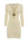 Elisabetta Franchi Knee Length Dress With V-neck And Crochet Detailing In Neutral