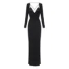 Elisabetta Franchi Draped Black Maxi Dress With Deep Neckline In Black